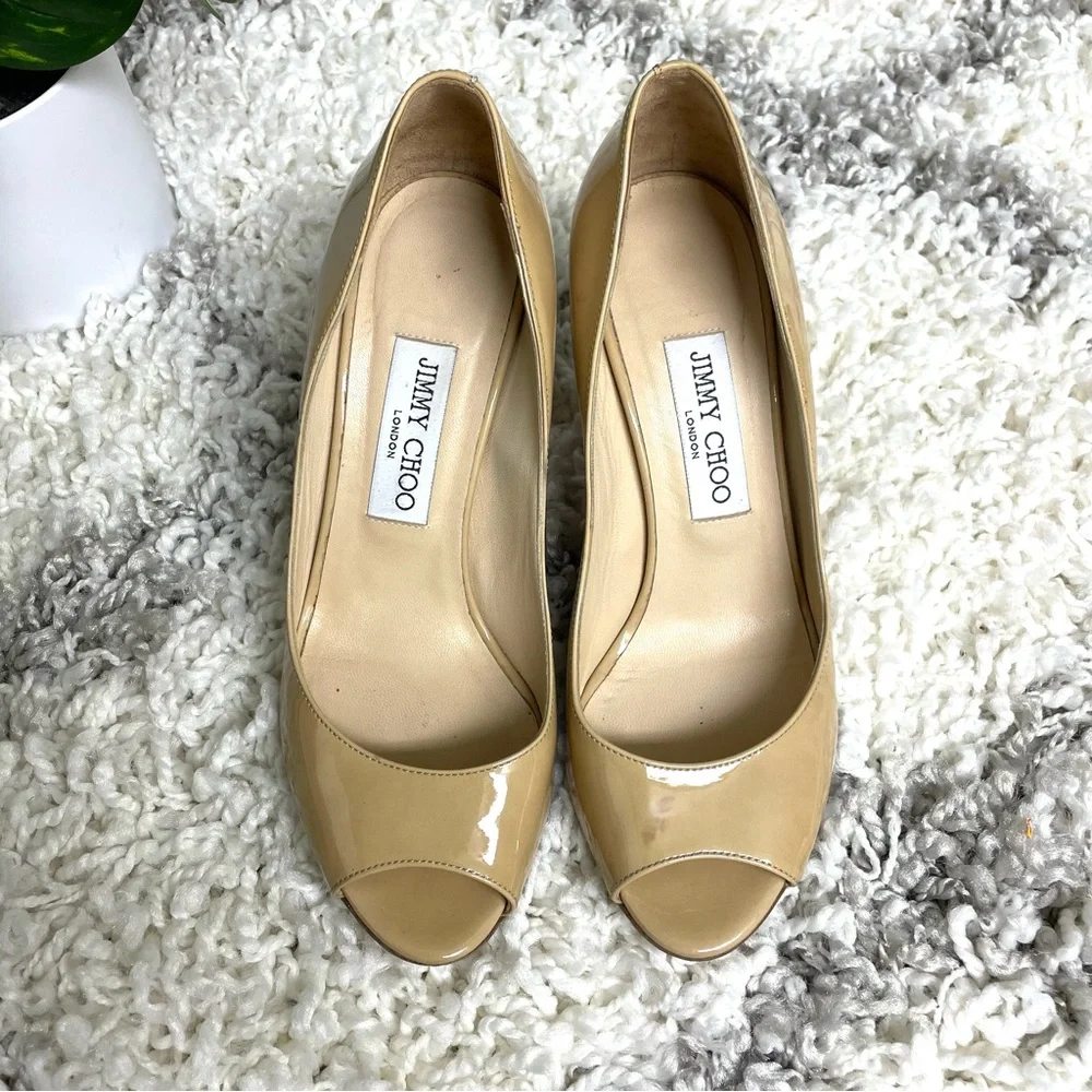 Jimmy Choo Beige Patent Leather Peep-Toe Wedge
